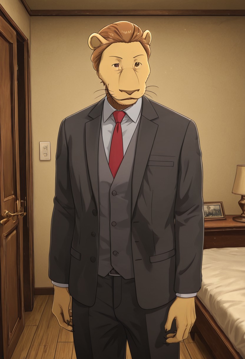 masterpiece, best quality, amazing quality, very aesthetic, absurdres, newest,  high quality, detailed, male, solo male, 1oldman, 47 years old, late middle-age, MayorBeastars, anthro, lion, mature male, athletic build, brown eyes, brown hair, animal ears, broad shoulders, chest, body hair, red tie, gray shirt, black suit jacket, indoors, standing, standing, grand bedroom, looking at viewer, smiling, volumetric lighting