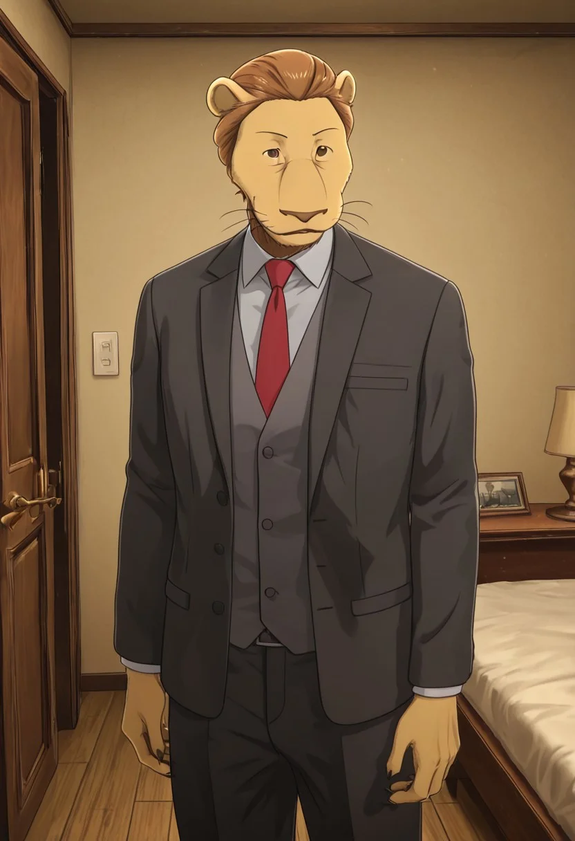 masterpiece, best quality, amazing quality, very aesthetic, absurdres, newest, high quality, detailed, male, solo male, 1oldman, 47 years old, late middle-age, MayorBeastars, anthro, lion, mature male, athletic build, brown eyes, brown hair, animal ears, broad shoulders, chest, body hair, red tie, gray shirt, black suit jacket, indoors, standing, standing, grand bedroom, looking at viewer, smiling, volumetric lighting