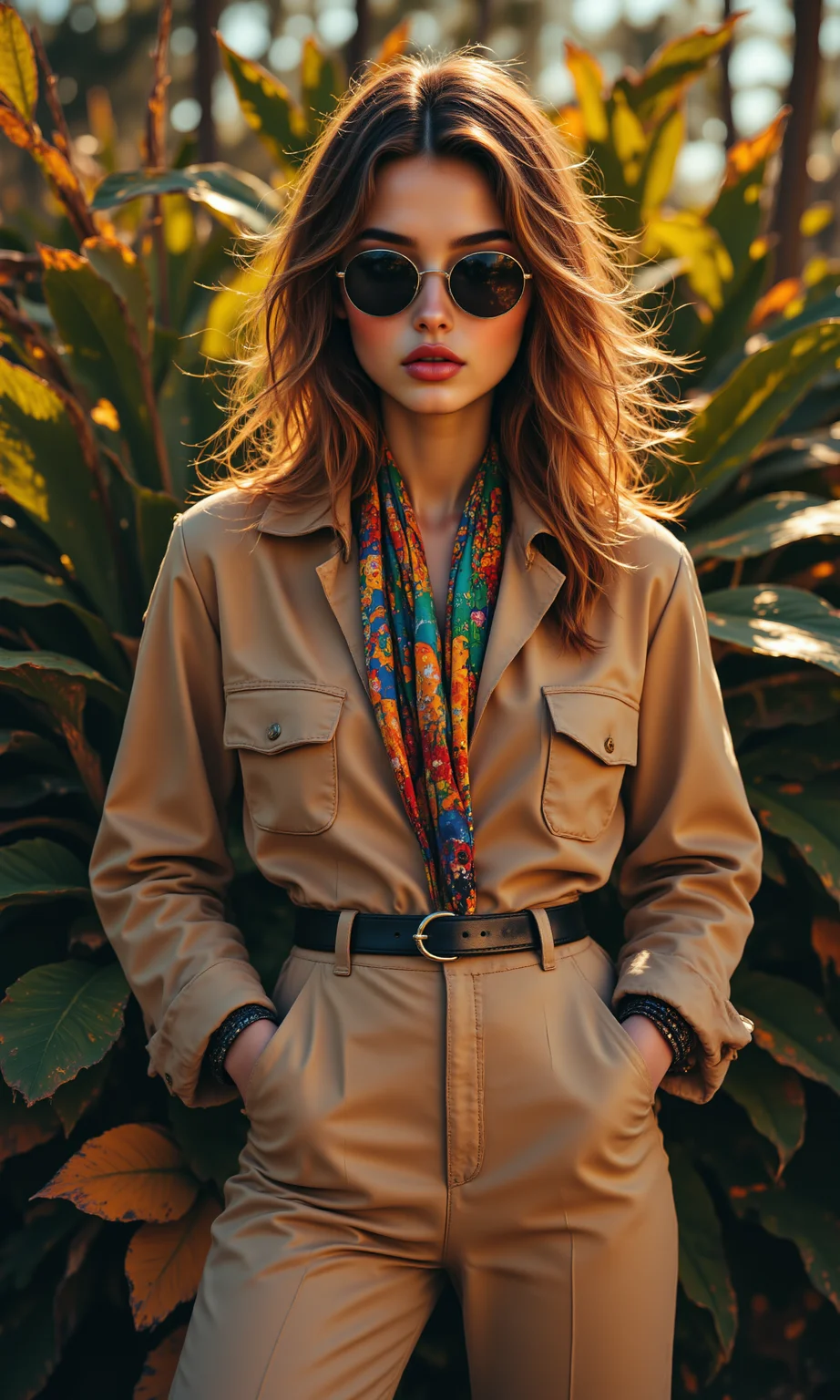 A 1970s fashion editorial featuring a French model in Yves Saint Laurent's iconic safari jacket, paired with wide-legged trousers and a leather belt. The model stands in a lush tropical setting, with large sunglasses and a scarf tied around her hair, embodying the safari chic trend of the decade. Natural lighting with warm tones, soft shadows, photorealistic, ultra-high definition. <lora:FLUX.1-DEV_-_Wild_1970s_Fashions_LoRA:0.8>, <lora:midjourney_whisper_avant_couture_v01:0.5>,
break
perfectly smooth jawline, no cleft chin, soft and defined chin, symmetrical and elegant facial features, well-balanced proportions, delicate and flawless face, smooth skin texture, sharp yet gentle jawline, natural beauty, high cheekbones, soft jaw curves, sleek, even facial structure, harmonious face symmetry, no dimples or clefts, clean and graceful profile, refined and polished appearance, seamless jawline transition, fine facial detail,
break
twisted torso pose, candid fashion, from behind, looking back, from below, even framing, mid-range, studio setup, soft breeze effect, looking away,
break
8k, vibrant photorealistic color scheme, intricate fabric textures, soft bokeh for depth, warm tones with subtle shadows, natural light filtering through the scene, high dynamic range, slight lens flare, fine grain film effect, Rembrandt-style lighting, fashion editorial finish. aidmafluxpro1.1, <lora:aidmaFluxPro1.1Stylev0.2:0.7>, midjourney_whisper, <lora:midjourney_whisper_flux_lora_v01:0.5>, velvet_myst, <lora:Midjourney_Whisper_Chromaplex_Velvet_Myst_v01:0.6>,
