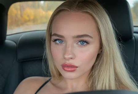 UHD, 8K, ultra detailed, a cinematic photograph of (EuroBabe, blonde, Eastern, blue eyes, in car, lipstick), beautiful lighting, great composition