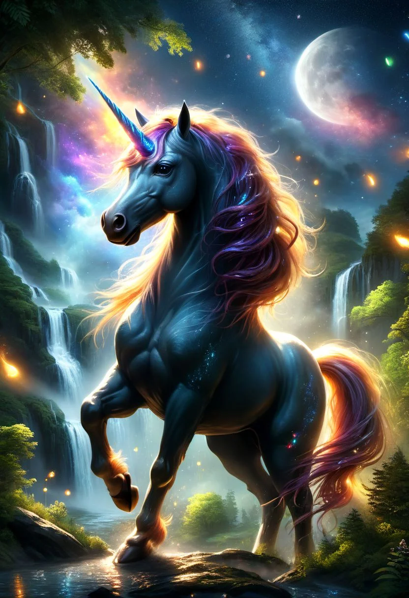 score_9, score_8_up, score_7_up, score_6_up, Unicorn, Rainbow Unicorn, Magic Forest, Night sky, moon, fireflies, waterfalls, (Masterpiece, Best Quality, 8k:1.2), (Ultra-Detailed, Highres, Extremely Detailed, Absurdres, Incredibly Absurdres, Huge Filesize:1.1), (Photorealistic:1.3), By Futurevolab, Portrait, Ultra-Realistic Illustration, Digital Painting.DonMM4g1cXL