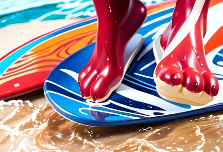 score_9, score_8_up, score_7_up, score_6_up, score_5_up, score_4_up, 1girl, furry female, alice, red squirrel, barefoot, red feet, 3 toes, foot focus, water, surfing, feet on surfboard, wet on feet, close-up