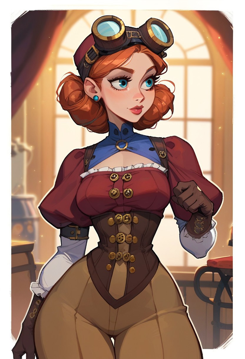 score_9, score_8_up,  score_9, score_8_up,     1woman, <mature face>, mature body, clean eyes, clean eye lines, half-closed eyes,  Steampunk engineer, <revealing outfit>, thin waist, narrow shoulders, wide hips , goggles on top of head,  simple shadows, flat coloring, flat shadows, thick lines, white outline,