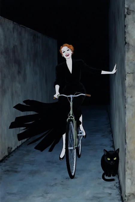 regr1 sketch A Japanese school girl riding a old style bicycle through a narrow, quiet street at night. The happy woman wears a simple, flowing black dress. In the corner, a small black cat with piercing eyes sits watching her quietly. The mood is tranquil and slightly magical. <lora:regr2_fashion_nocap_d6a3:1.0><lora:807698742376561952:0>