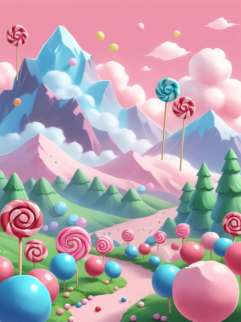 <lora:CartoonStyle_Hap_XL:1.5>,cartoon style,Cartoon-style mountain landscape with fluffy clouds, dotted with lollipops and marshmallows in varying shades of pink and blue, landscape dominated by pastel hues, candy-themed elements whimsical scattered throughout, marshmallows appear soft-textured and lollipops have a glossy sheen, pink and blue skies contrasting with the greenery, high saturation, playful color scheme, digital painting, anime,masterpiece,UHD,perfection,perfect,detailed,