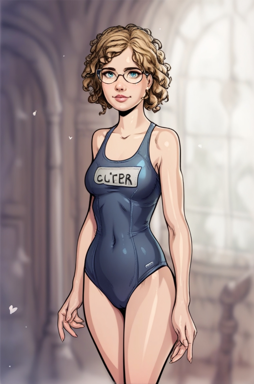 score_9, score_8_up, score_7_up, score_6, score_5, score_4, source_cartoon, realistic,1girl, looking at viewer, rating_safe blonder, curly hair glasses school swimsuit, <lora:Witch_Trainer-000007:0.8> w1tchtr4a1n3r.