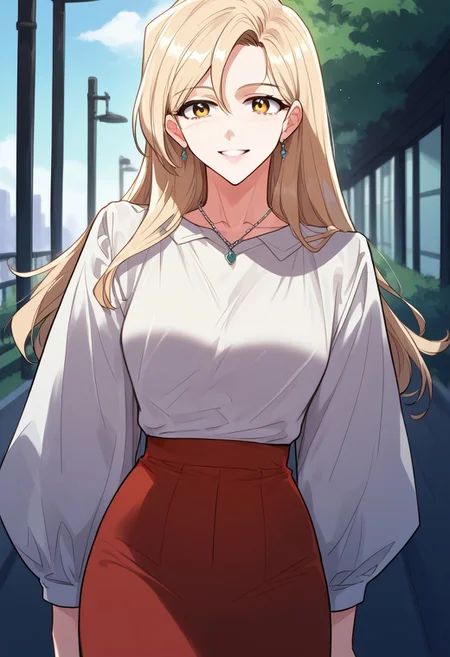 zPDXL3, score_9_up, score_8_up, score_7_up, (Anime_source), 1girl, LeeHaemi, amber eyes, light blonde hair, long hair, white D-day clothes, red skirt, necklace, parted lips, smile, looking at viewer, cowboy shot, from front