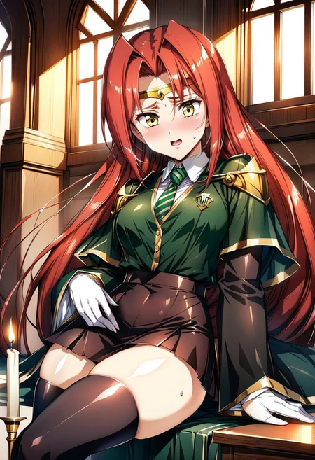 (best quality) , (highly detailed) , (best quality) , (highly detailed) ,((masterpiece)), ((best quality)), (ultra-detailed), ((extremely detailed)), (high resolution), 4K, (8K), best quality, (beautiful), (dynamic lighting), (super detailed skin), sharp focus, 1girl
<lora:fana_v1:1>,fana,circlet,red hair,yellow eyes, smiling, long hair
<lora:Fixhands_anime_bdsqlsz_V1:1>,
BREAK
wide sleeves, striped necktie, thighhighs, sweater, skirt, robe, hazy, wind, table, window, candle, aisle, great hall, hogwarts school uniform, 1girl, sweat, scared, shy, blush, slim figure, <lora:girllikeslytherin:0.8>, sitting  (((lustrous skin:1.5,bright skin: 1.5,skin,shiny skin,very shiny skin,shiny body,plastic glitter skin,exaggerated shiny skin,illuminated skin))),(detailed body,(detailed face)), Face Focus, Upper Body