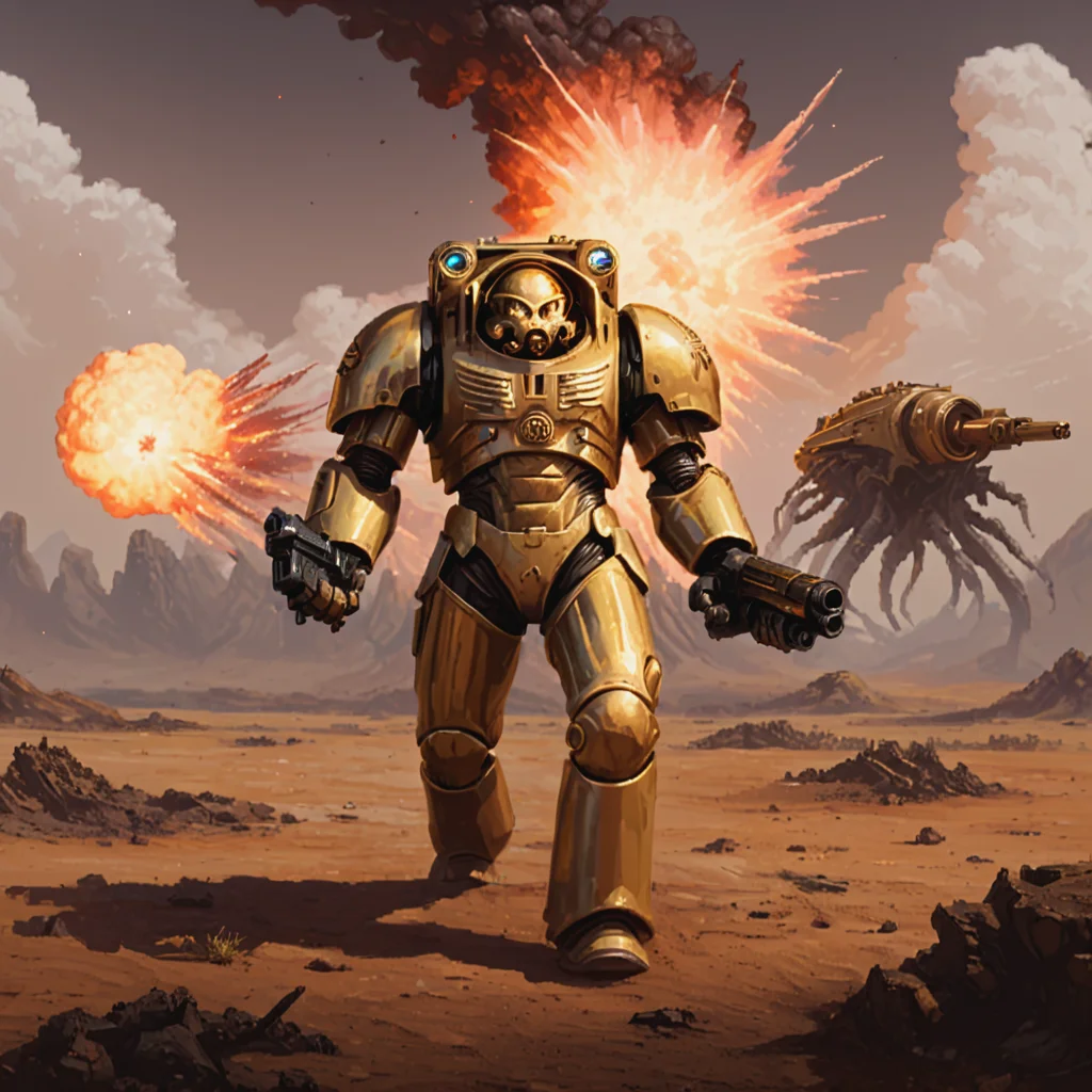 a polished gold trmntr with no helmet holding an assault cannon walks across an alien battlefield searching for enemies, rockets streak across the sky and explode into the landscape, apxlz