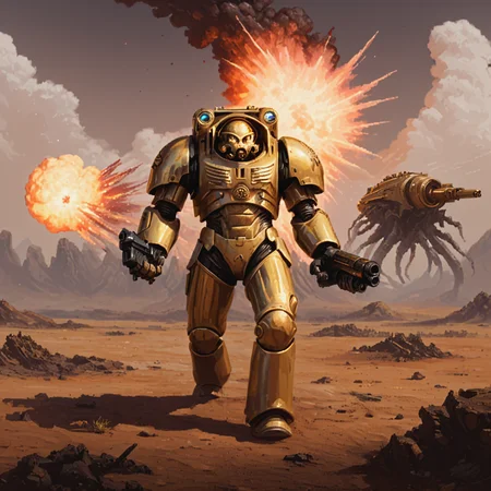 a polished gold trmntr with no helmet holding an assault cannon walks across an alien battlefield searching for enemies, rockets streak across the sky and explode into the landscape, apxlz