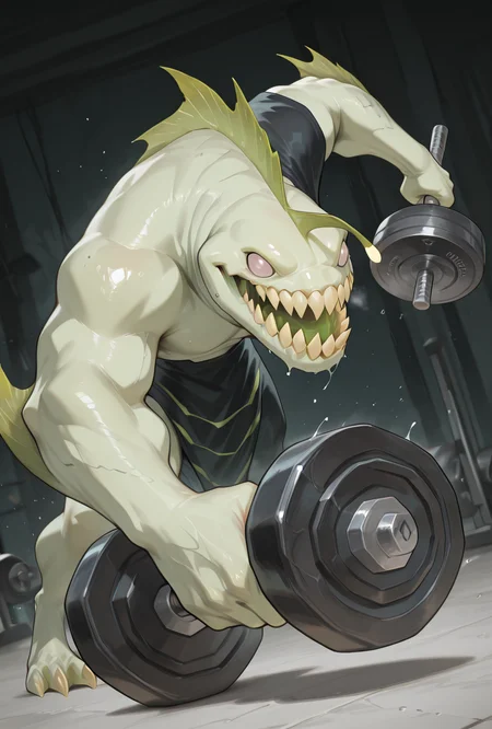 <lora:ripjaws-08:1> ripjaws, sharp teeth, solo, claws, 1boy, light green skin, no humans,  dynamic pose,  <lora:Two_Dumbbells:1> two dumbbells, oversized dumbbell, dumbbell, holding dumbbell, masterpiece, best quality, amazing quality, very aesthetic, absurdres, newest,
