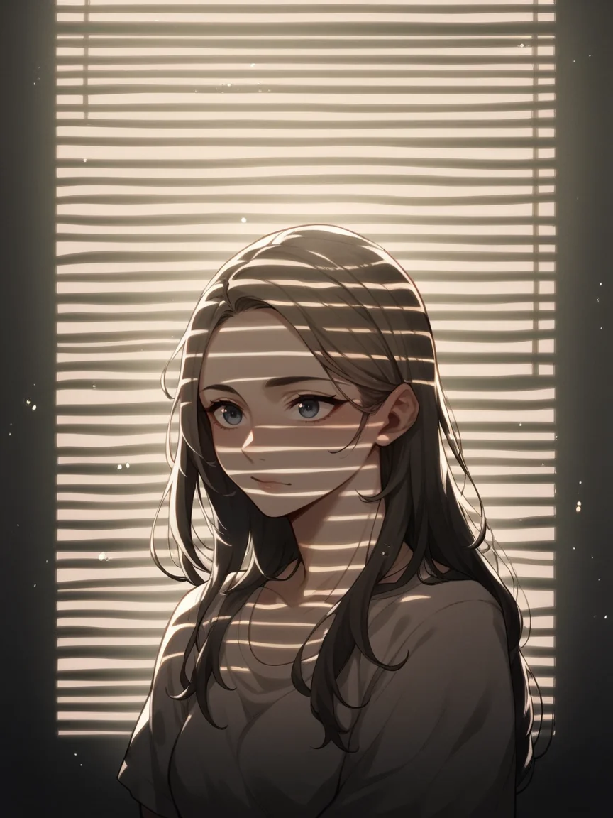 score_9, score_8_up, score_7_up, score_6_up, score_5_up, score_4_up,  <lora:V3n3t14nXLP2:1> v3n3t14n, venetian blinds lighting, low light, dark room, lined lighting, long hair, 1girl, light particles,