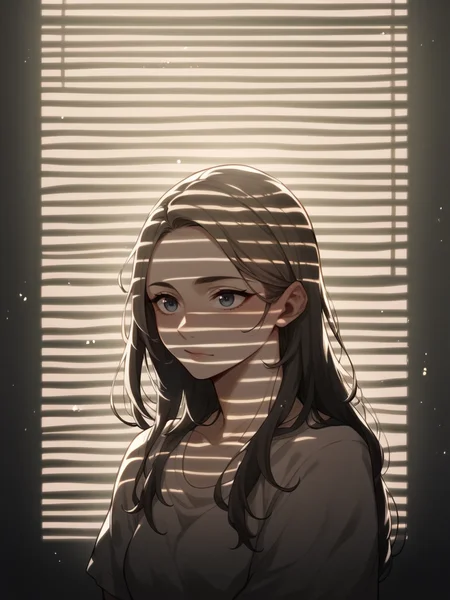 score_9, score_8_up, score_7_up, score_6_up, score_5_up, score_4_up, <lora:V3n3t14nXLP2:1> v3n3t14n, venetian blinds lighting, low light, dark room, lined lighting, long hair, 1girl, light particles,
