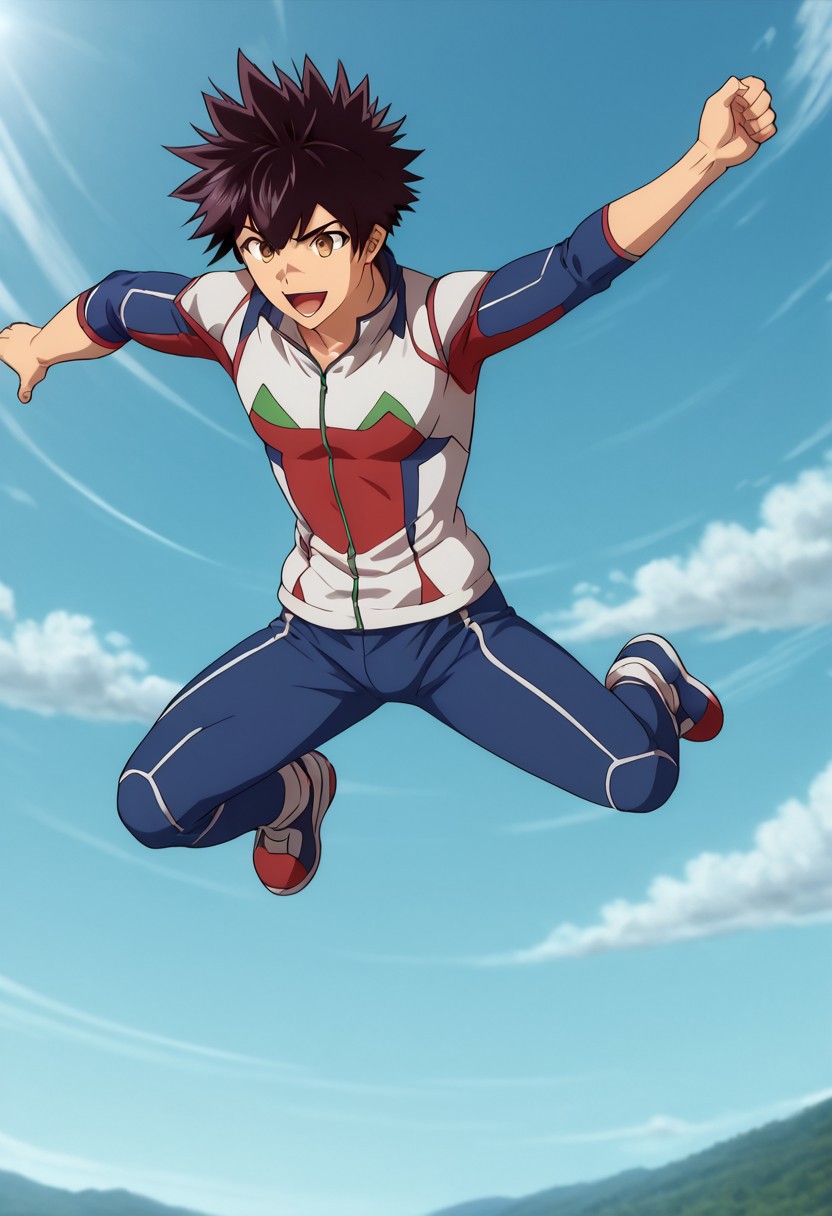 high resolution, solo, best quality, 1Boy, Kanata Hoshijima, Black hair, Brown Eyes, Jumping in air, mid-motion, joyful, energetic,