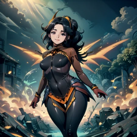 ((top quality, 8k wallpaper)),(masterpiece, best quality),extremely detailed,high definition,(official art:1.3),(((anime screencap,black outline))),<lora:more_details:0.3>,<lora:LCM_LoRA_Weights_SD15:1>,1girl, (large breasts), (parted bangs:1.6), <lora:ETO_OC:0.2> ETO-OC, <lora:ETO_OCC006:0.4>, ETO_OCC, (curly hair:1.3), (long hair:1.1), thick eyebrows, pale skin, curvy, (plump:1.2), fat, 1girl, mature female, smile, black hair, looking at viewer, BREAK <lora:devilmercy-nvwls-v1:1> devilmercy, demon horns, red sleeves, red bodysuit, long sleeves, red gloves, pelvic curtain, (mechanical wings:1.4), black leggings, fire, brimstone, (glowing wings), (neon lights),<lora:Fairies_and_Technology:0.8>