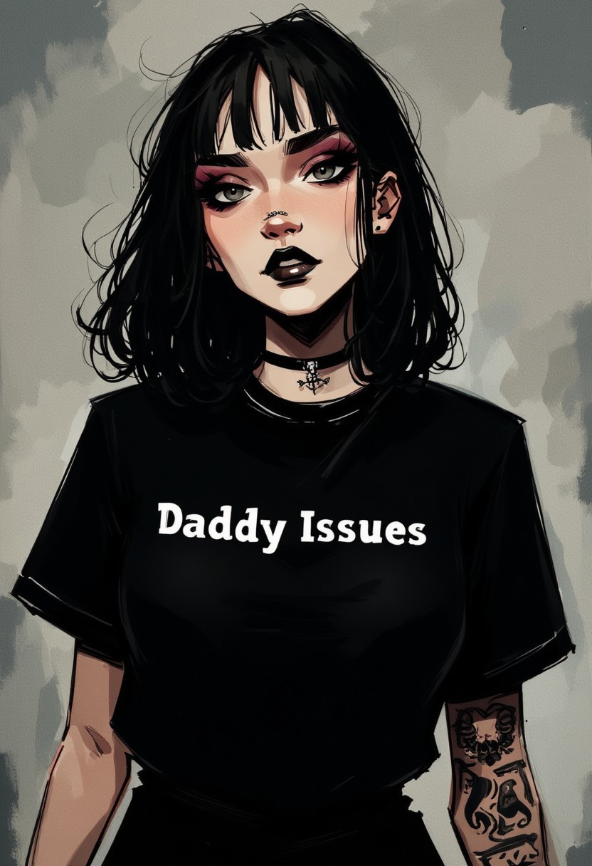 Alt goth girl with a nosering and tattoos. Dark makeup. A black tshirt with the text "Daddy Issues" on it.