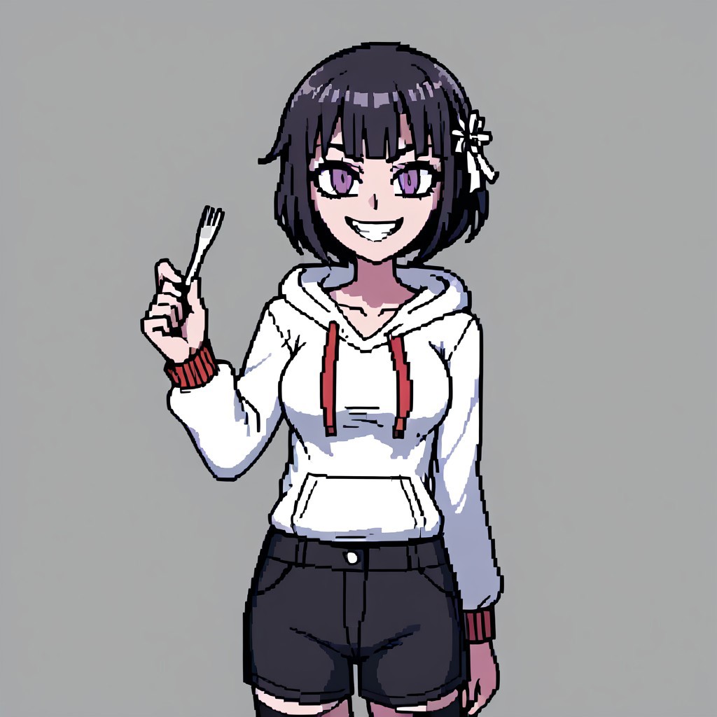 flat 2d animation, vector animation, slim girl with purple eyes and black bob hair, colored hairpin. The girl wears a white hoodie, shorts and stockings, 35 years old, female, Helltaker style, Pixel_Art, arrogant look, sadistic look, yandere, sinister grin, direct look, high quality, more details, face close up, fork in hand, Albert Fish costume, dancing

