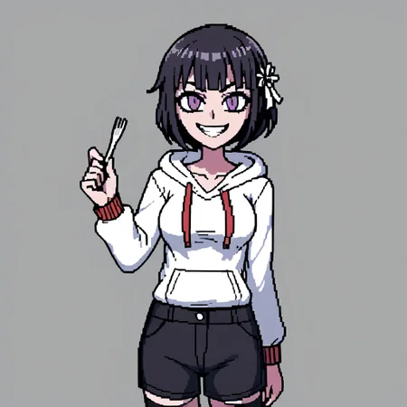 flat 2d animation, vector animation, slim girl with purple eyes and black bob hair, colored hairpin. The girl wears a white hoodie, shorts and stockings, 35 years old, female, Helltaker style, Pixel_Art, arrogant look, sadistic look, yandere, sinister grin, direct look, high quality, more details, face close up, fork in hand, Albert Fish costume, dancing
