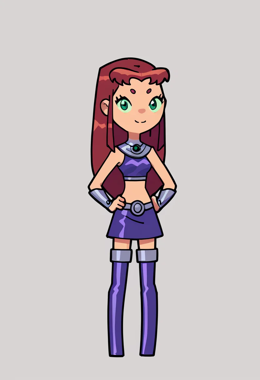 score_9, score_8_up, score_7_up, score_6_up, score_5_up, score_4_up, BREAK
1girl, chibi,
starfire, red hair, long hair, green eyes, orange skin, 
crop top, midriff, miniskirt, thighhighs, thigh boots,
hands on hips, full body, standing,, smile, looking at viewer, solo, simple background, white background  <lora:RabbitAndSteelXLLocon:1>     <lora:StarfireTTXL:1>