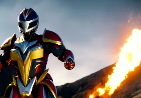 Power ranger megazord, fighting a huge monster in mountains, symmetry, (cinemahelper:1.1)
