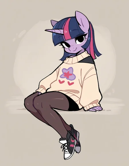 score_9, score_8_up, score_7_up, score_6_up, score_5_up, score_4_up, solo, 1girl, solo,
<lora:StickySweet_v0:0.9> stkyswt, flat color, sketch, oversized sweater, sneakers, pantyhose, seductive smile, upright_straddle, looking at viewer, black eyes, source_furry, anthro pony girl, \(mlp\), Twillight Sparkle, anthro