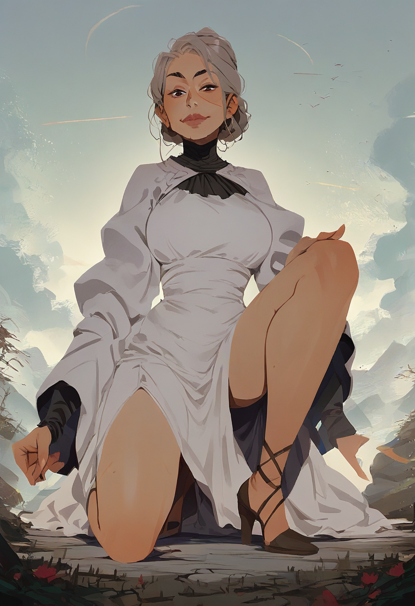 source_anime, score_9, score_8_up, score_7_up, 1girl, mature_female, solo, Kneeling with one knee up, perspective, (Silver Dress), gray hair, face, rating_safe, <lora:sdxl\pony diffusion\artist_styles\incase_new_pony:1.0>