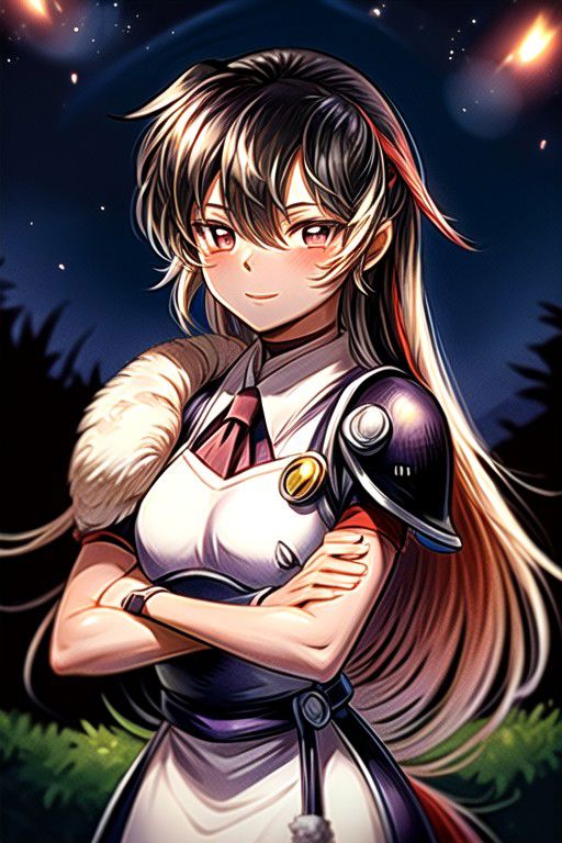 best quality 1girl Setsun4 solo long hair,  (night time) forest background black hair very long hair purple eyes multicolored hair armor, small, (fur trim) (medium body),<lora:EMS-179-EMS:0.800000>,<lora:EMS-293862-EMS:0.800000> bow, hair_bow, hair_tubes, red_bow, brown_hair, long_hair, bangs, ascot, frilled_bow, yellow_ascot, blush, smile, hair_between_eyes, athletic, armor, miko, strengthmda, crossed arms, Smiling, happy