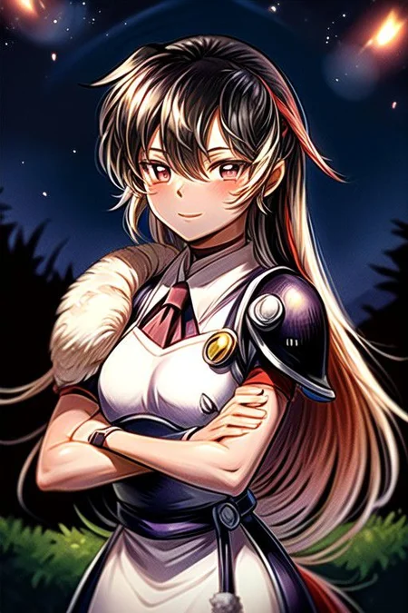 best quality 1girl Setsun4 solo long hair, (night time) forest background black hair very long hair purple eyes multicolored hair armor, small, (fur trim) (medium body),<lora:EMS-179-EMS:0.800000>,<lora:EMS-293862-EMS:0.800000> bow, hair_bow, hair_tubes, red_bow, brown_hair, long_hair, bangs, ascot, frilled_bow, yellow_ascot, blush, smile, hair_between_eyes, athletic, armor, miko, strengthmda, crossed arms, Smiling, happy