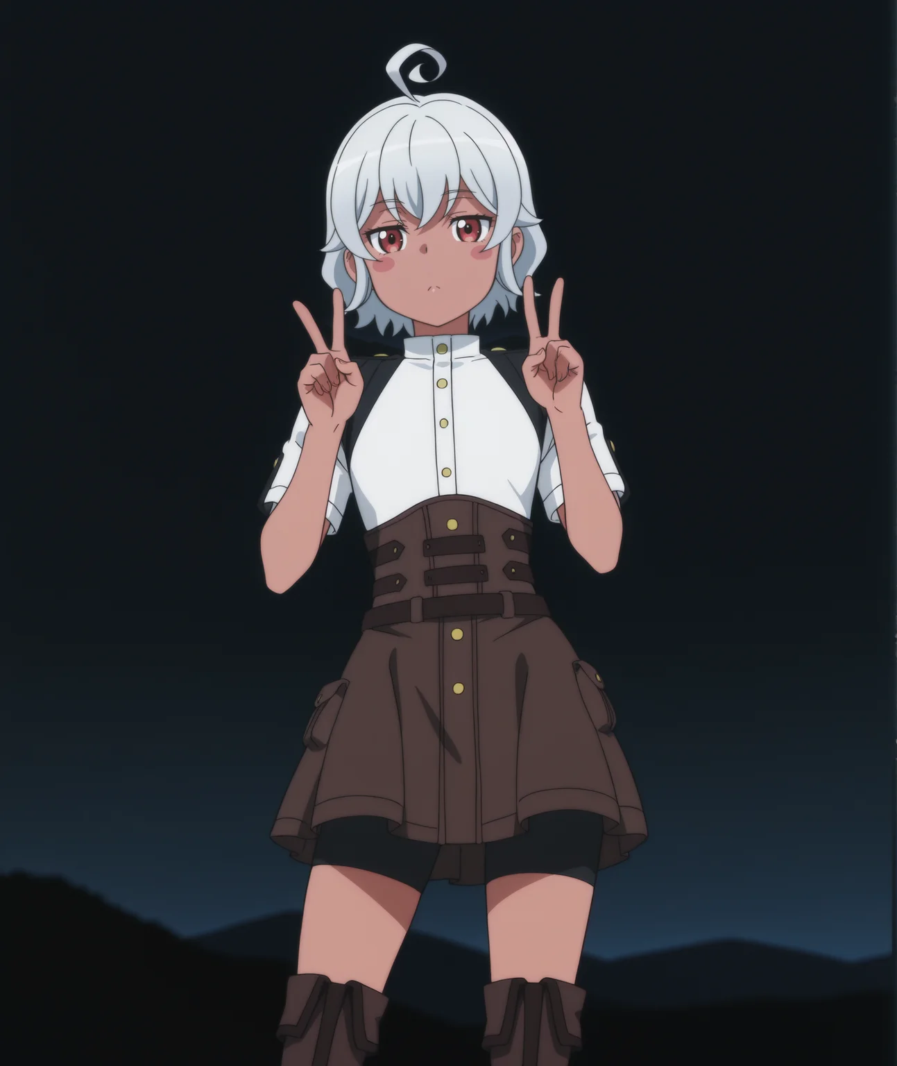 official art, absurdres, highres, anime coloring, hi res, best quality, masterpiece, 2d, intricate details, 4k,
1girl, solo, female, nose, blush stickers, short hair, red eyes, ahoge, white hair, grey hair, dark skin, dark-skinned female, 
skirt, short sleeves, bike shorts under skirt, bike shorts, corset, brown skirt, shorts, 
boots, thigh boots, brown footwear, 
cowboy shot, contrapposto, double v, 
(night, darkness, black theme:1.3), depth of field, mountainous horizon, black background, <lora:Eris_(Character)_ILXL:1>,