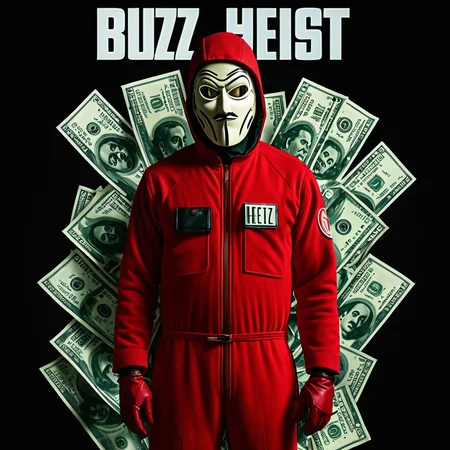 Create a poster like the Money Heist promotional material. Focus on a central figure wearing a red jumpsuit and a Salvador Dali mask. The background should be dark and textured. (((The title "Buzz Heist" should be in a bold))), sans-serif font, similar to the original, with white letters and a thin red outline. Consider adding subtle lighting effects to enhance the dramatic feel