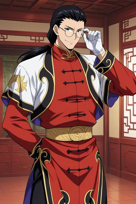 1boy, solo, rwongpsytkt, black hair, low ponytail, black eyes, glasses, round eyewear, open jacket, red chinese clothes, long sleeves, white gloves, belt, black pants, indoors, standing, cowboy shot, adjusting eyewear, smirk,