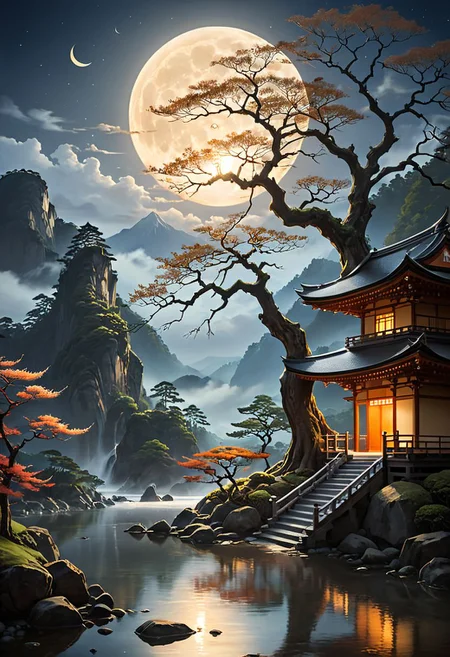 Create a mesmerizing masterpiece of a majestic tree, reminiscent of the Bodhi tree, set against the backdrop of a full moon in a serene Edo Japan setting. The tree's intricate branches stretch out in a beautiful display of nature's elegance, each branch meticulously detailed in the style of artist Mark Brooks. The scene exudes a sense of tranquility and mystique, capturing the essence of Japanese art as seen on Behance. The moon, glowing softly in the sky, adds a touch of ethereal beauty, casting a gentle light over the landscape. The painting, inspired by the works of Greg Rutkowski and Mario Testino, showcases a harmonious blend of traditional Japanese aesthetics and contemporary artistic flair. The intricate details, akin to the style of Marc Simonetti, bring the scene to life with a richness and depth that captivate the viewer's imagination. The warm hues of sunset bathe the surroundings in a soft, golden light, evoking a sense of peace and serenity. The large canvas allows for every minute detail to be carefully rendered, creating a stunning, immersive artwork that transports viewers to a world of beauty and wonder.