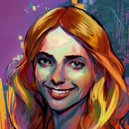 gorgeous girl with blonde hair, smiling, expressionism , colorful background , digital painting , jaggy lines , trending on artstation