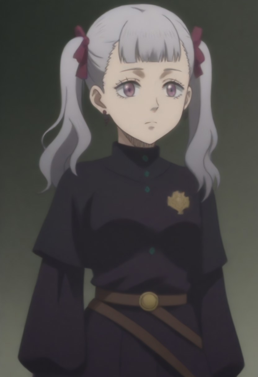 source_anime, anime screencap, source_anime, auratheguillotine, anime screencap, masterpiece, source_anime, shiny skin,,,,,,<lora:noellesilva-pdxl-nvwls-v1-000005:1> noelle silva, grey hair, purple eyes, twintails, hair ribbon, black capelet, green strap, white and purple dress, long sleeves, belt,