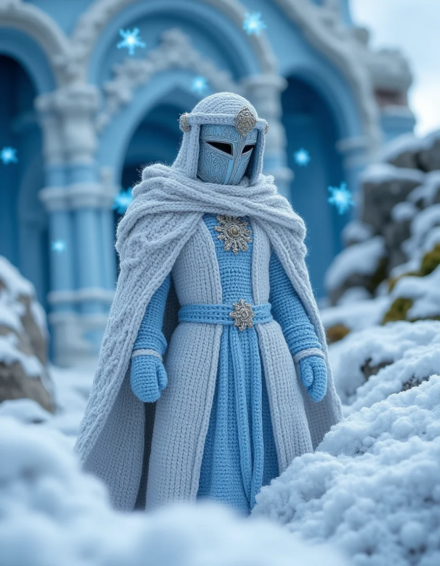 A frost queen adorned in crocheted winter-themed attire in the ral-kntarmr style, with intricate snowflake patterns and layered frosty textures. The robes are in shades of icy blue, white, and shimmering silver, and a crocheted crown resembling icicles adorns her head. She stands in an ice palace surrounded by crocheted snowdrifts, with delicate glowing snowflakes falling gently around her
<lora:ral-kntarmr-flux-000007:1>