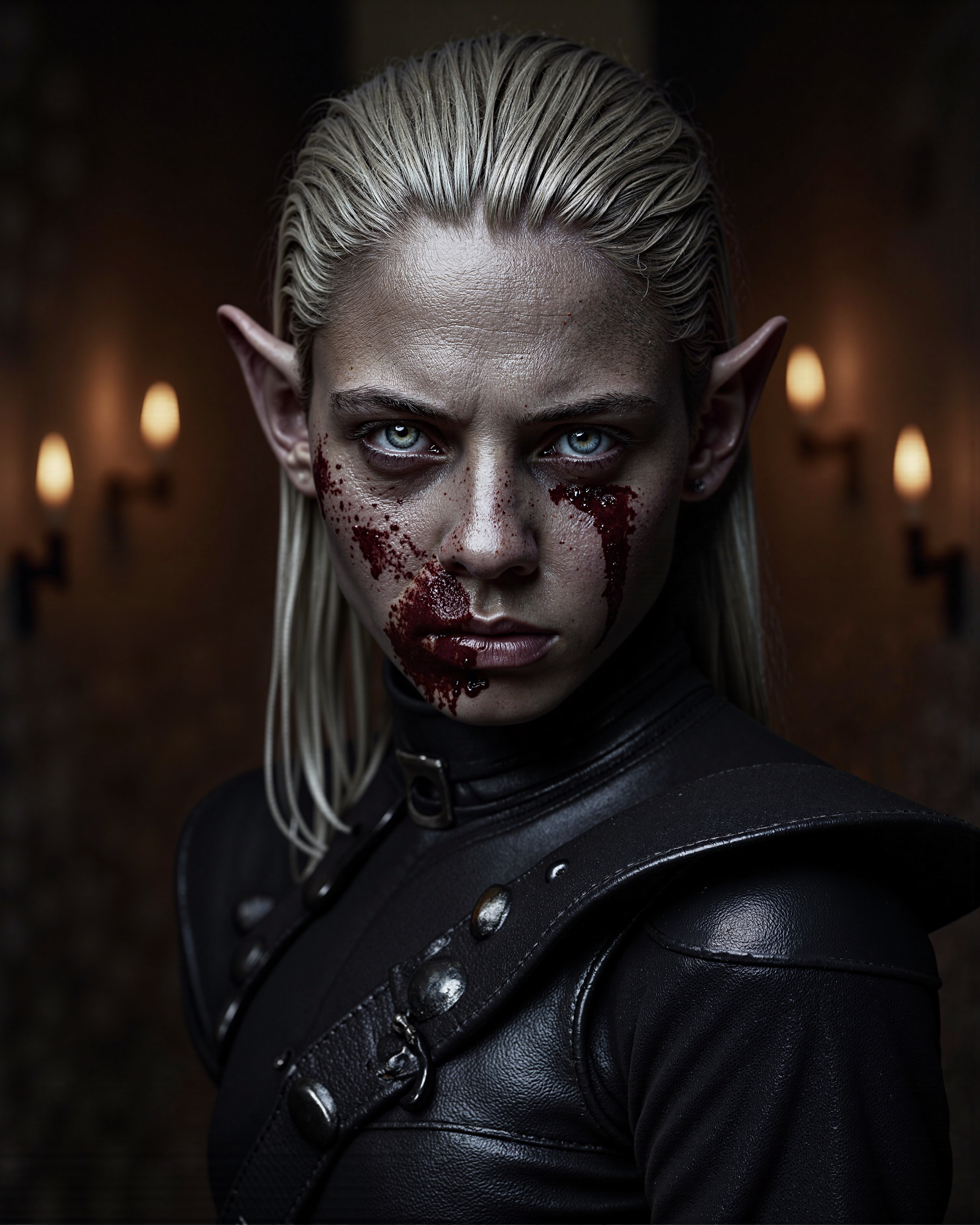 BGMinthara, 1girl, white hair, pointy ears, grey skin

A highly detailed portrait of a fierce warrior resembling BGMinthara, her expression intense and commanding. Her face is marked with streaks of blood, some dripping onto her neck, adding to her battle-hardened and ruthless appearance. She is wearing dark, weathered leather armor that shows signs of wear and dirt from countless encounters.

The background is a dimly lit stone corridor, its walls rough and ancient, evoking the atmosphere of a dungeon or a fortress. Flickering torches mounted on the walls cast a faint, uneven light, creating dramatic shadows across her sharp features and the textured surfaces of her armor. The composition is intimate, capturing every detail of her face, from the smudges of dirt and blood to the cold intensity of her gaze. The lighting emphasizes the contrast between her dark armor and the warm glow of the torches, enhancing the mood of the scene.

The image is shot using a high-end DSLR or mirrorless camera, such as a Canon EOS R5 or Nikon Z8, with a 50mm f/1.2 lens for shallow depth of field. The focus is razor-sharp on her face, with a soft bokeh effect blurring the background, drawing the viewer’s attention to her haunting and powerful presence.

