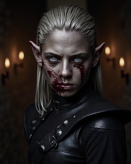BGMinthara, 1girl, white hair, pointy ears, grey skin
A highly detailed portrait of a fierce warrior resembling BGMinthara, her expression intense and commanding. Her face is marked with streaks of blood, some dripping onto her neck, adding to her battle-hardened and ruthless appearance. She is wearing dark, weathered leather armor that shows signs of wear and dirt from countless encounters.
The background is a dimly lit stone corridor, its walls rough and ancient, evoking the atmosphere of a dungeon or a fortress. Flickering torches mounted on the walls cast a faint, uneven light, creating dramatic shadows across her sharp features and the textured surfaces of her armor. The composition is intimate, capturing every detail of her face, from the smudges of dirt and blood to the cold intensity of her gaze. The lighting emphasizes the contrast between her dark armor and the warm glow of the torches, enhancing the mood of the scene.
The image is shot using a high-end DSLR or mirrorless camera, such as a Canon EOS R5 or Nikon Z8, with a 50mm f/1.2 lens for shallow depth of field. The focus is razor-sharp on her face, with a soft bokeh effect blurring the background, drawing the viewer’s attention to her haunting and powerful presence.
