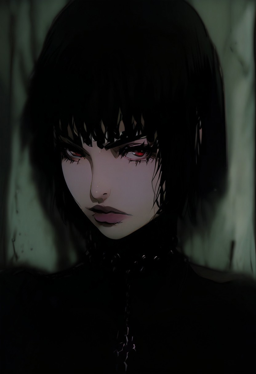 gthan, 1girl, solo, medium hair, wavy hair, black hair, jewelry, looking at viewer, necklace, cross, portrait, bangs, red eyes, closed mouth, turtleneck, blurry background, cross necklace, lips, piercing, blurry, bob cut, eyelashes