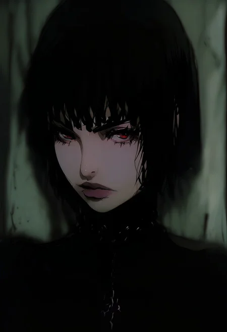 gthan, 1girl, solo, medium hair, wavy hair, black hair, jewelry, looking at viewer, necklace, cross, portrait, bangs, red eyes, closed mouth, turtleneck, blurry background, cross necklace, lips, piercing, blurry, bob cut, eyelashes