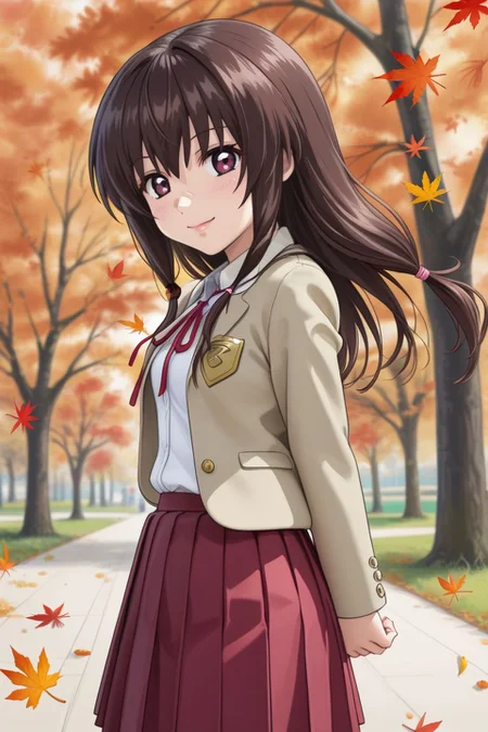source anime, detailed, official art, masterpiece,
<lora:HandFineTuning_XL:1>
BREAK,
park, autumn, falling leaves,
from side, hands behind back, light smile, looking at viewer, dynamic angle,
BREAK,
<lora:mayu_pdxl_v01:0.7>
gsdmayu, brown hair, long hair, brown eyes, sidelocks, tied sidelocks, low tied hair, hair ribbon, ribbon tie, blazer, white shirt, open clothes, red skirt, pleated skirt