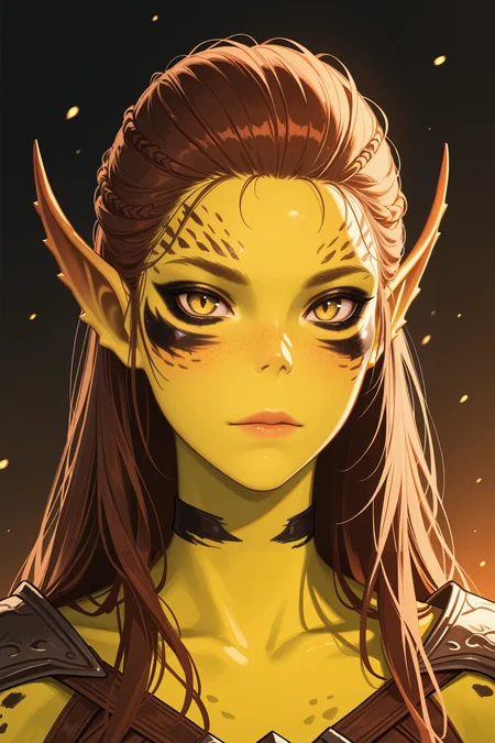 masterpiece, best quality, absurdres,
<lora:BGLaezel:1.0>
BGLaezel, 1girl, brown hair, long hair, colored skin, pointy ears, looking at viewer, portrait