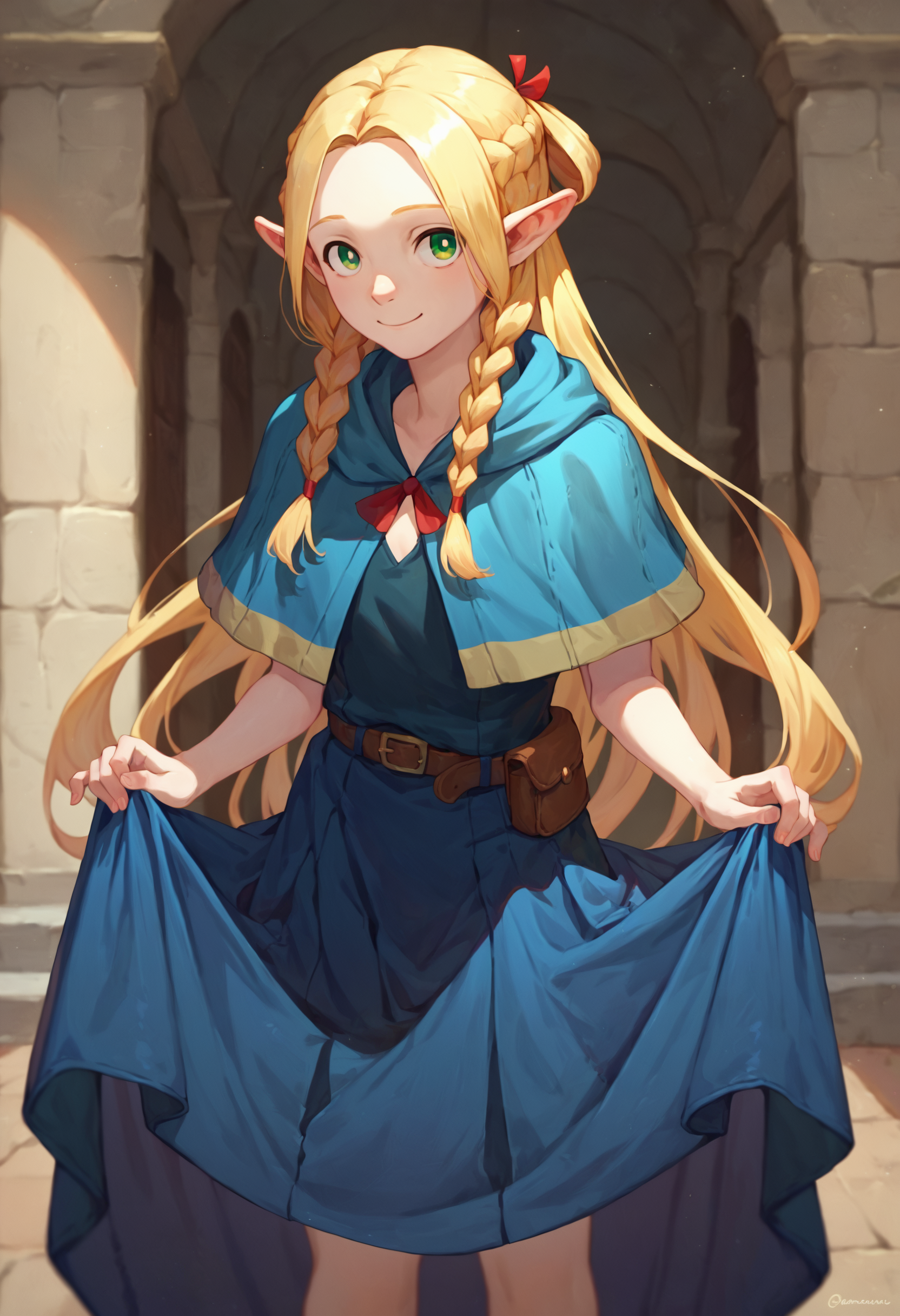 score_9_up score_8_up score_7_up, 1girl, solo, skirt hold bowing, looking at viewer, light smile, marcille, blue capelet blue robe belt, french braid twin braids
<lora:skirt_hold_bowing_d16:1>
<lora:falin_marcille_pony_d16:1>