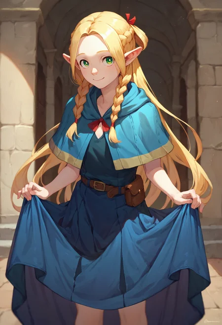 score_9_up score_8_up score_7_up, 1girl, solo, skirt hold bowing, looking at viewer, light smile, marcille, blue capelet blue robe belt, french braid twin braids
<lora:skirt_hold_bowing_d16:1>
<lora:falin_marcille_pony_d16:1>