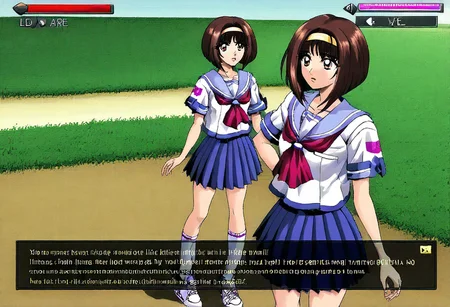 VG_SS, fake screenshot, english text,
"TRUE LOVE"
Fake video game interface.
Scrolled beat'em up.
((1 woman,))
MikaeMorikawa, brown hair, yellow hairband, medium hair, bob cut, brown eyes, , serafuku, short sleeves, blue skirt, pleated skirt, white socks, white footwear, sneakers,
backdrop is a area of high school in town in Japan, 1999.
(High Resolution), (More Details), (8K), (High Resolution)