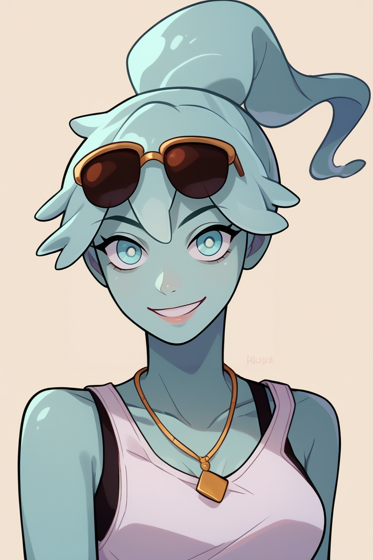 score_9, score_8_up, score_7_up, BREAK, 1girl, solo, breasts,  <lora:pollygeist-guy-PONYv1:.95>, pollygeist, blue skin, monster girl, ponytail, sunglasses, eyewear on head, necklace, bracelet, tank top, portrait, upper body, smile, looking at viewer,
