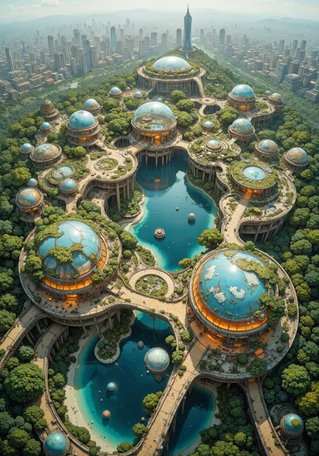 A mesmerizing aerial panorama of a futuristic, harmonious settlement where sustainable architecture merges with verdant, organic landscapes. Intricate, flowing urban patterns interlace eco-friendly structures, green terraces, and bio-domes, all powered by radiant solar arrays and graceful wind turbines. High-quality 8k masterpiece precision, vibrant natural hues, and innovative renewable technologies imbue the scene with dynamic spatial elegance and seamless integration of modern eco-advancements. The settlement's layout, an extraordinary blend of sculptural bridges and flowing waterways, emanates a sense of balanced serenity and progressive design. Ethereal light and deep shadows reveal a network of interconnected green corridors, reflective pools, and futuristic eco-parks, creating a visually captivating tableau of sustainable ingenuity from a bird's eye perspective. <lora:Chris_Luka:0.1> <lora:openart_Surreal_Anime_III_20250104_025344:0.6> <lora:Anime realistic V2:0.5> <lora:flux_hyperkraximalism-balanced:0.5> <lora:flux_dev:1>