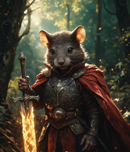 cinematic photo highly detailed portrait of a wise old mouse warrior (intricate armor:1.4) in a dark woolen cloak with a flaming sword covered in ornage flames, (fur:1.4),deep dark forest background, (shallow depth of field:1.4), foliage, global illumination, radiant light, detailed and intricate environment #cinematic, light shafts, dust motes sparkles, (Extremely Detailed Oil Painting:1.2), glow effects, godrays, Hand drawn, render, 8k, octane render, cinema 4d, blender, dark, atmospheric 4k ultra detailed, cinematic sensual, Sharp focus, humorous illustration, big depth of field, Masterpiece, colors, 3d octane render, 4k, concept art, trending on artstation, hyperrealistic, Vivid colors, extremely detailed CG unity 8k wallpaper, trending on ArtStation, trending on CGSociety, Intricate, High Detail, dramatic . 35mm photograph, film, bokeh, professional, 4k, highly detailed