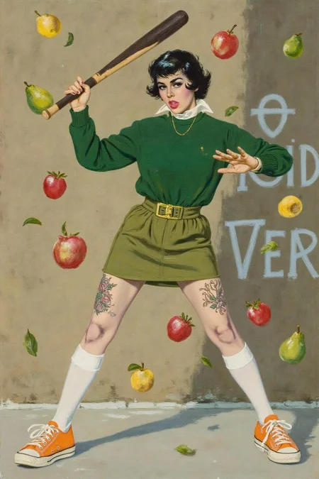 cobyw1 illustration
liquid splash, cartoonish juicy fruits chaos, dynamic pose, dynamic camera, a fashion shoot, an illustration of a woman threateningly holding a baseball bat in her hands, full body tattoo, wearing green short sweater, miniskirt, knee socks, orange sneakers, aggressive facial expression, wall with graffiti in the background. <lora:cobyw1_cap_d6a3e12:1.0><lora:818770218877953295:0>