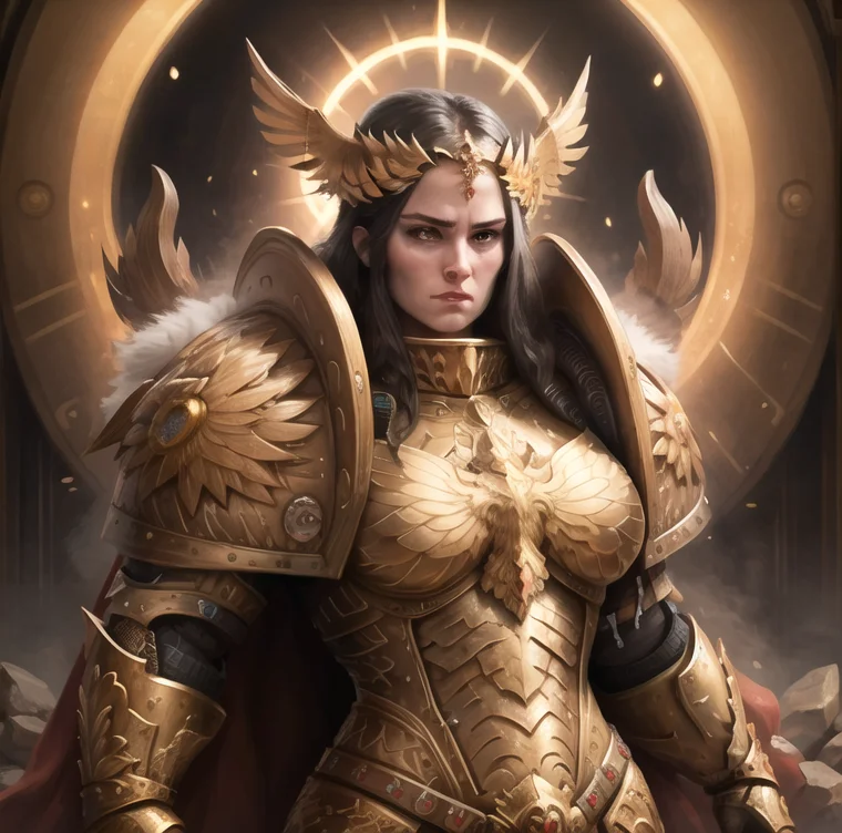 unparalleled masterpiece, (best:1.0) (quality:1.0), UHD, volumetric lighting, cinematic lighting, (sharp:1.0) (focus:1.0), extremely detailed, 8k, golden armor, woman, big breasts <lora:warhammer40000Emperor_v10:0.6>