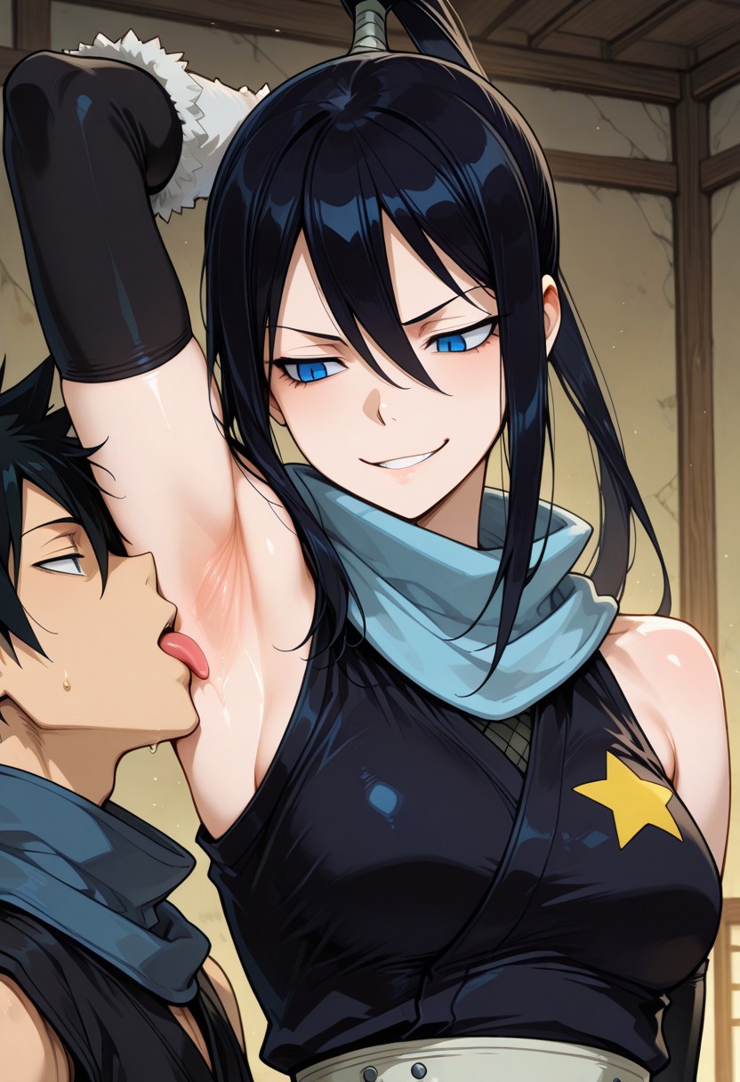 ArLiFeiL, licking armpit, newest, masterpiece, best quality, very aesthetic, HDR, ultra-detailed, anime, 748cmstyle, mythp0rt, hetero, femdom, armpit focus, inside, armpit licking, forced, 
1girl, long hair, black hair, blue eyes, high ponytail, ninja, scarf, sleeveless, arm warmers, fur trim, star (symbol), skindentation, ((skinny)), evil smile,
1boy, blue haur, spiked hair, BlackStar, Soul Eater,